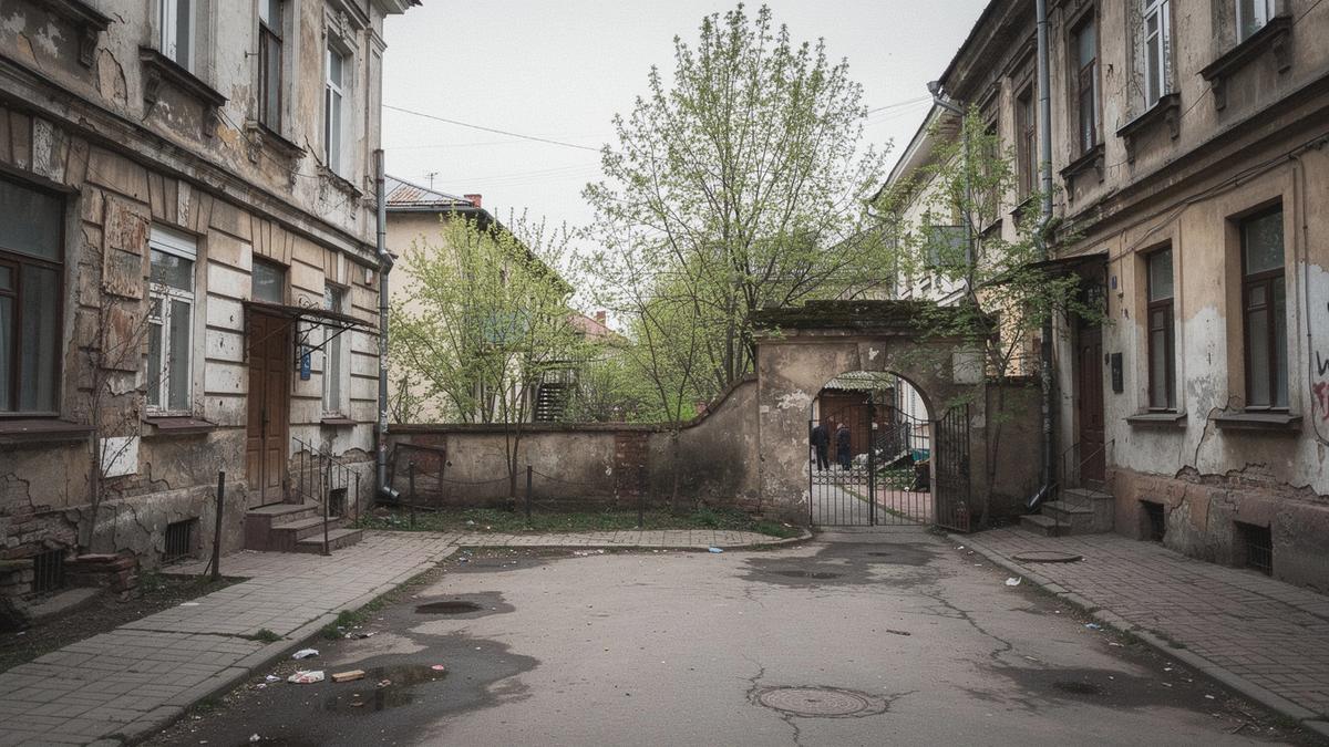 Spring courtyard off a Podil side street in Kyiv, stone facades and freshly leafed trees